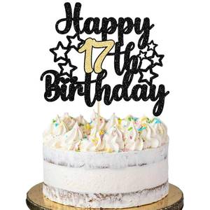 lot 617 image: Gyufise 1Pc Happy 17th Birthday Cake Topper Happy 17 Birthday Cake Decoration for 17 & Fabulous Hello 17 Party Anniversary Party Cake Supplies Black Gold Glitter - Retail $6