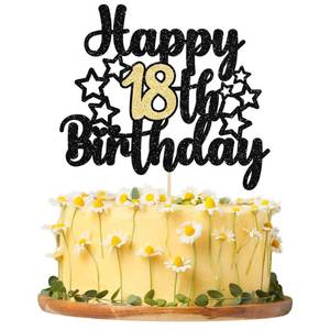 lot 618 image: Gyufise 1Pc Happy 18th Birthday Cake Topper Happy 18 Birthday Cake Decoration for 18 & Fabulous Birthday Hello 18 Party Anniversary Party Cake Decorations Supplies Black Gold Glitter - Retail $6