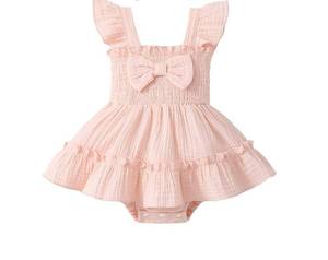 lot 621 image: Megeoly Baby Girl Summer Romper Dress Cotton Sleeveless Smocked Rompers Sun Dress Jumpsuit with Bow - Retail $13