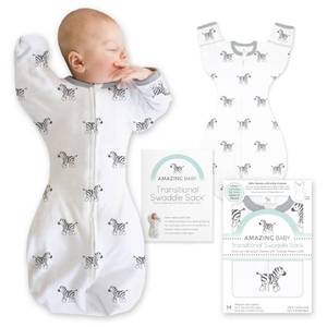 lot 641 image: Amazing Baby Transitional Swaddle Sack, Arms Up Half-Length Sleeves & Mitten Cuffs, Swaddle for Newborn Transition to Baby Sleep Sack Wearable Blanket, Medium, 3-6 Month, 14-21 lb, Little Zebra - Retail $20