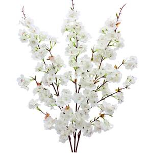 lot 649 image: MXBNCYA 3PCS Artificial Cherry Blossom Flowers Branches 42 Long Stem White Silk Cherry Blossom Tree Faux Cherry Blossom Tall Fake Flower Arrangement for Spring Summer Wedding Indoor Outdoor Decor - Retail $13
