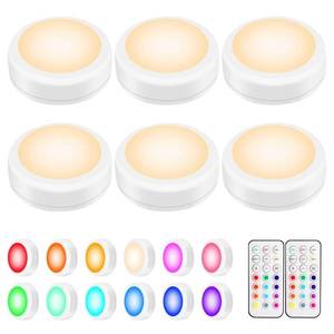 lot 653 image: BLS LED Puck Lights with Remote Control, Wireless Under Cabinet & Closet Lighting, RGB 13 Color Changing Lights with Dimmer, Timer & AA Battery Operated, Push, Touch, Stick on for Night, White, 6 Pack - Retail $20