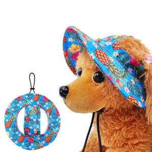 lot 662 image: JpGdn Dog Hat for Small Dogs with Ear Hole Round Brim Bucket Outdoor Sun Hat Protection Neck Strap Adjustable Pet Sunscreen Cap Fisherman Cap Puppy Doggy Cats Pineapple Flower Hawaiian Fruits Blue S - Retail $10