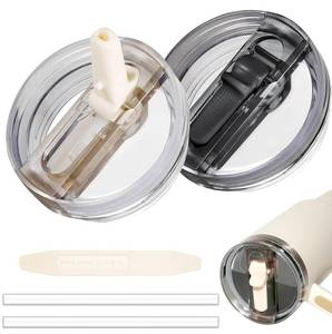 lot 666 image: 2 Pack 30 oz Tumbler Flip Straw Lid for Stanley Quencher ProTour Leak Proof Lid Replacement for Stanley H2.0 Quencher, Spill Proof Reusable Lid for Stanley Cup Accessories (Black & Cream, 30 oz) - Retail $16