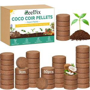 lot 667 image: ZeeDix 25 Pcs 30mm Organic Coco Coir Pellets for Seed Starter, Compressed Coconut Coir Potting Soil for Planting, Garden Soil for Indoor Outdoor Plants Bonsai Herbs Flowers Vegetables - Retail $10
