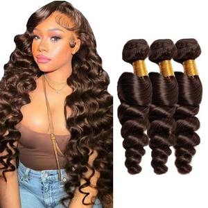 lot 686 image: #4 Bundles Human Hair Chocolate Brown Loose Wave Bundles 28 30 32 Inch Dark Brown Loose Wave Bundle Unporcessed Human Hair Extensions 50 Gram Per Bundle - Retail $55