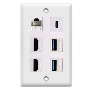 lot 692 image: LOKEKE USB C Charger Wall Outlet Plate with 2 HDMI 2.0 Ports, Dual USB 3.0 Ports, Cat6 Ethernet & White Wall Face Plate - Retail $15