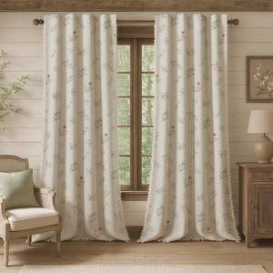 lot 697 image: XOGUIBO Farmhouse Floral Curtains 96 Inches Long 100% Blackout Living Room Drapes, Linen Blend Bohemian Window Curtain Panels with Tassel Bedroom 2 Panels Thermal Insulated Room Darkening - Retail $60