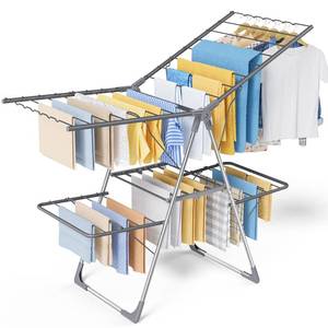 lot 17363 image: Sakugi Clothes Drying Rack, Foldable 2-Level Laundry Drying Rack with Height-Adjustable Wings, for Clothing &amp Bedding, Free-Standing Space-Saving Rack, Indoor &amp Outdoor, 55.5 x 22.8 W, Gray - Retail $58