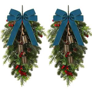 lot 17376 image: Daifunli 2 Pack Christmas Teardrop Swags 23.6 Artificial Pine Greenery with Rustic Cow Bells Vintage Cedar Pine Needles with Green Bow Red Berries for Front Door Outdoor Farmhouse Wall Hanging Decor - Retail $35