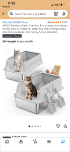 lot 17382 image: MIXJOY 2-Pack Stainless Steel Litter Box XL Extra Large with Lid and Scoop (cracked plastic on front edge of lids-would not affect use) - Retail $60
