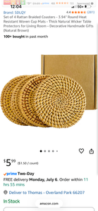 lot 17388 image: SDLQY Set of 4 Rattan Braided Coasters 3.94 Inch Round - Retail $6