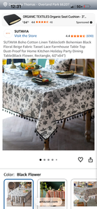 lot 17392 image: SUTAVIA Boho Cotton Linen Tablecloth Black Floral Beige 60x84 Rectangle (package of 2) - Retail $35