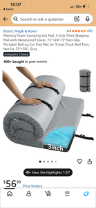 lot 17399 image: Magik & Kover Memory Foam Camping Cot Pad 3 Inch 72x24 Gray - Retail $57