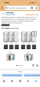 lot 17404 image: GIOTOHUN Cat Water Fountain Filter Replacement 12-Pack S11 - Retail $13