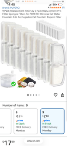 lot 17405 image: PUPERCI 9 Pack Replacement Filters & 9 Pack Pre-Filter Sponges for 2.6L Cat Fountain - Retail $18