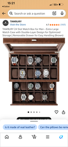 lot 17407 image: TAWBURY 24 Slot Watch Box for Men Extra Large Watch Case Brown ( slight damage on front corner- does not affect functionality) - Retail $229