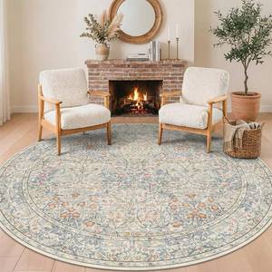 lot 17411 image: Hazo Haus Beige Blue Large Round Rug for Living Room - 8ft Circle Area Rug for Bedroom, Kids Room, Home Office, Foyer, Non Slip Washable Botanical Floral 8 x 8 D�cor - Retail $130