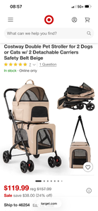 lot 17435 image: Costway Double Pet Stroller for 2 Dogs or Cats with 2 Detachable Carriers Safety Belt Beige - Retail $119