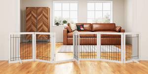 lot 17436 image: PAWLAND 144-inch Extra Wide 30-inches Tall Dog gate with Door Walk Through, Freestanding Wire Pet Gate for The House, Doorway, Stairs, Pet Puppy Safety Fence, Support Feet Included, White,6 Panels - Retail $140