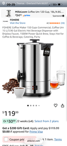 lot 17442 image: FOHERE Coffee Maker 150 Cup Commercial Coffee Urn 15L Electric Hot Beverage Dispenser 1500W (lid bent and handles broken- rough shipping ) - Retail $119