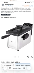 lot 17457 image: Amazon Basics 3.2-Qt Electric Deep Fryer 1500W Adjustable Temperature Control ( missing cord ) - Retail $53