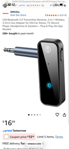 lot 17472 image: GMCELL C28 Bluetooth 5.0 Transmitter Receiver 3.5mm Aux Adapter - Retail $0
