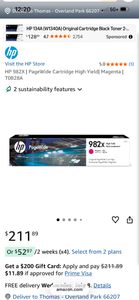 lot 17473 image: HP 982X PageWide Cartridge High Yield Magenta T0B28A - Retail $211