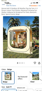 lot 17482 image: Garvee 6x6 Ft Outdoor Pop Up Tent 2-3 Person Instant Shelter Beige - Retail $97