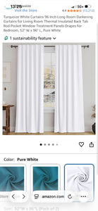 lot 17485 image: Turquoize White Curtains 96 Inch Long Room Darkening 52 W x 96 L Pack of 2 ( I didnt take many pics so I didnt get them dirty) - Retail $30