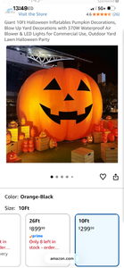 lot 17489 image: Giant 10Ft Halloween Inflatable Pumpkin Decoration 370W Air Blower LED Lights - Retail $299