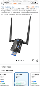 lot 17495 image: QGOO USB 3.0 WiFi 6 Adapter AX1800 Dual Band 5GHz2.4GHz - Retail $29