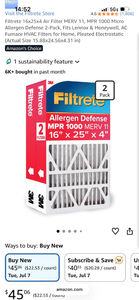 lot 17499 image: Filtrete 16x25x4 Air Filter MERV 11 MPR 1000 Allergen Defense 2-Pack - Retail $45