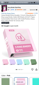 lot 17500 image: Sooez BinderX 1.5 Inch 3 Ring Binder 400 Sheet Capacity Pink - Retail $13