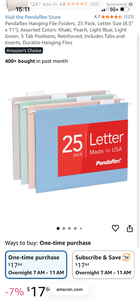 lot 17503 image: Pendaflex Hanging File Folders 25 Pack Letter Size 8.5 x 11 Assorted Colors - Retail $24