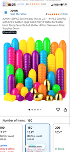lot 18021 image: JOYIN 150PCS Easter Eggs Plastic 2.3 Fillable with 6 Golden Eggs - Retail $24