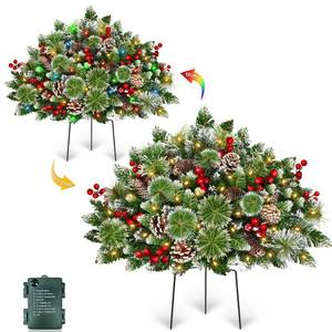 lot 18024 image: Timer - 2 Pack 24 Lighted Outdoor Christmas Tree Urn Fillers,Warm White&Colorful Lights 8 Mode Snowy Pinecone Red Berry Battery Operated Tripod Stake Holiday Planters Outdoor Christmas Decorations - Retail $40