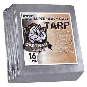 lot 1956 image: CARTMAN Finished Size 8x10 Feet Extra Thick 16 Mil Ultra Heavy Duty Poly Tarp, Multipurpose Protective Cover, UV Resistant, Waterproof Poly Tarpaulin with Reinforced Edges - Retail $24