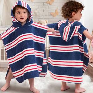 lot 1964 image: VOOVA & MOVAS Hooded Baby Towel, Oversized (2-4Years,21X21) Made from 100% Soft Cotton,Absorbent Hooded Poncho Towel for Baby Girl,Perfect for Pool  Swimming  Bath  Beach,Navy Red Stripe - Retail $28