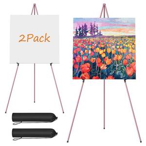 lot 5180 image: Easel Stand for Display, Aredy 63 Portable Painting Easel, Lightweight Metal Easels for Painting Canvas, Wedding Sign (2 Pack, Pink) - Retail $20
