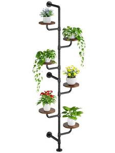 lot 5185 image: CYXPHION Plant Stand Indoor, 6-Tier Plant Shelf, Tall Wall Mounted Metal Pole & Rotating Wooden Board Plant Holder for French Window, Corner, Home Decor - C5 - Retail $47