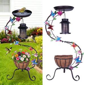 lot 5187 image: hogardeck 3-in-1 Vintage Bird Bath & Detachable Hanging Bird Feeder with Flower Planter, Metal Heavy Duty Outdoor Birdbath, Weather Resistant Decor for Garden Yard Lawn - Retail $32