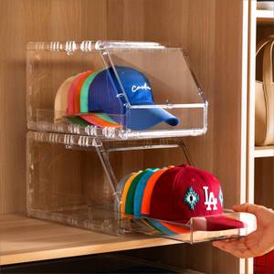 lot 5191 image: Ozueccr 2 Pack Hat Organizer for Baseball Caps Stackable Clear Display Box with Sliding Drawer, Holds 15 Baseball Caps, Closet and Shelf Organizer for Hats, Transparent Display with Anti-Slip Feet - Retail $45