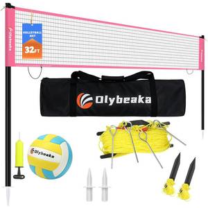 lot 5194 image: 32ft Regulation Size Portable Outdoor Volleyball Net Set System for Backyard Beach with Height Adjustable Poles, PU Volleyball and Pump, Carry Bag, Boundary Line - Easy Set Up & Anti-Sagging (Pink) - Retail $60