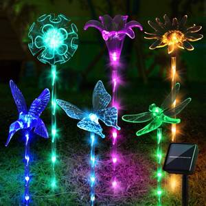 lot 5197 image: Liveasily Set of 6 Arcylic Solar Lights for Outside, Solar Powered Garden Decorations with 8 Lighting Modes, Outdoor Waterproof Pathway Lights for Yard, Patio Plant Pot, Flower Bed (Mixed) - Retail $20