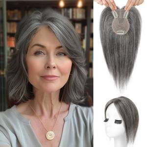 lot 5199 image: Flufymooz 100% Real Human Hair Toppers for Women, 10 Inch Clip in Human Hair Topper for Thinning Hair, 360°3D Cover Clip in Bangs Natural Hairpiece -Silver Gray With Brown Mixed - Retail $40
