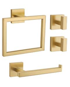 lot 5200 image: Brushed Gold Bathroom Hardware Set 4 Pieces, Toilet Paper Holder Set SUS304 Stainless Steel Bath Hand Towel Ring for Bathroom Hardware Accessories Set Wall Mounted - Retail $34