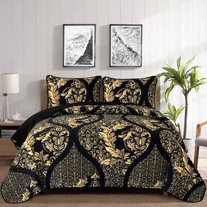 lot 5212 image: DJY Black Quilt Set Queen Size, Boho Gold Damask Bedspread Coverlet Set Soft Lightweight Microfiber Luxury Bedding Set 3 Pieces for All Season (96x90) - Retail $36