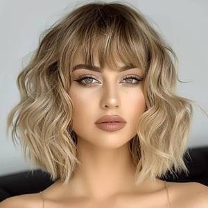 lot 5215 image: Miuric Blonde Wig with Bangs Short Wavy Ombre Wigs for Women Dirty Blonde Curly Bob Wig with Dark Roots Shoulder Length Synthetic Heat Resistant Hair Wig for Party Daily Use - Retail $25