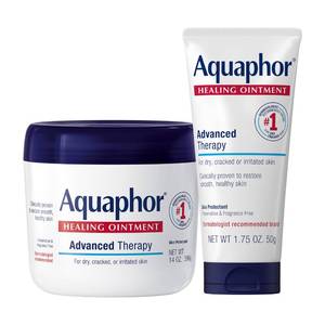 lot 5220 image: Aquaphor Healing Ointment Advanced Therapy Skin Protectant Skin Care Set, Body Moisturizer for Dry Skin, Minor Cuts and Burns, Dry Cuticles, Cracked Heels, Hands and Lips, 14 Oz Jar  1.75 Oz Tube-USED - Retail $25